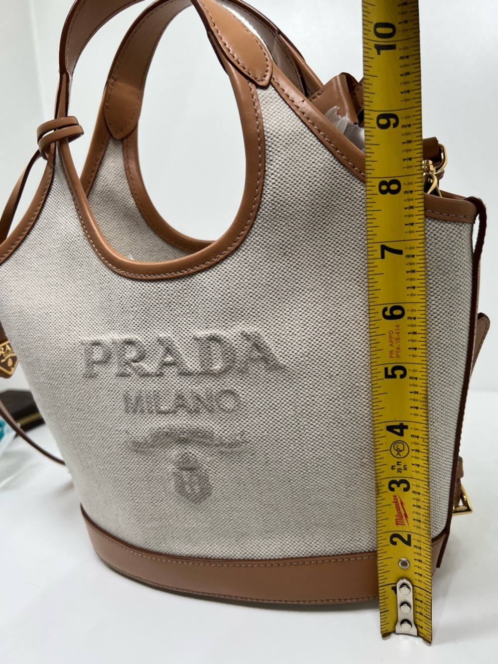 Prada Medium Canvas Leather Logo Tote Bag Natural Tan Crossbody Shoulder Italy - Picture 9 of 13